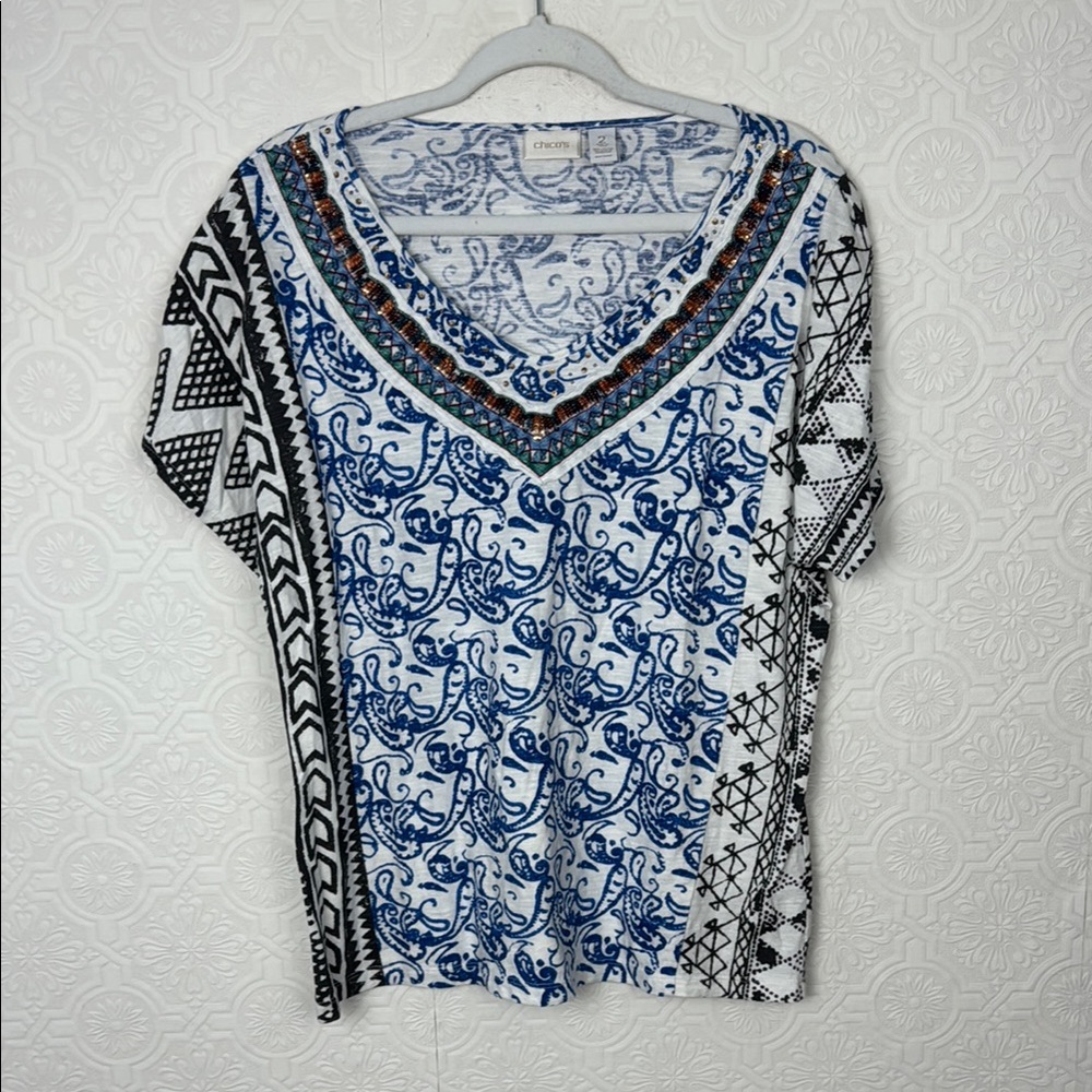 Chico’s Beaded Boho Embroidered V-Neck Top – Size 2 Large Blue White Beads - Picture 2 of 6